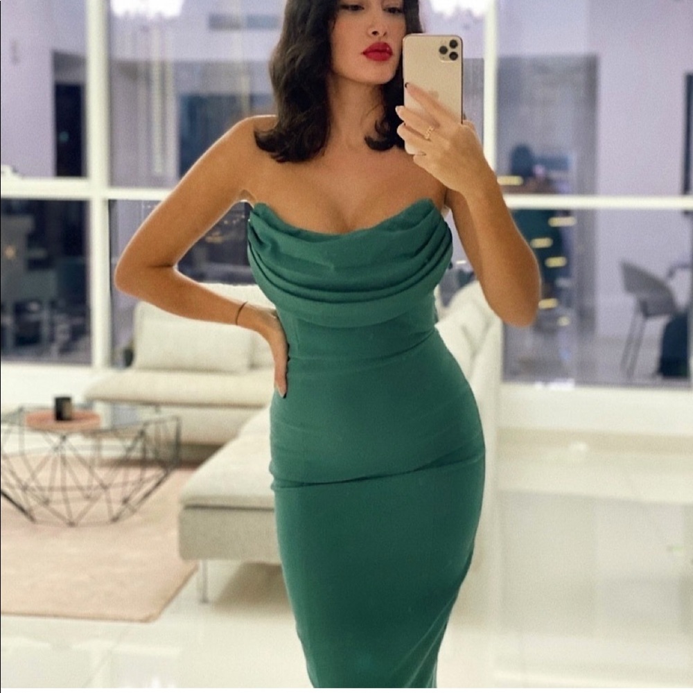 Lavish Alice cowl front bandeau midi pencil dress in sage